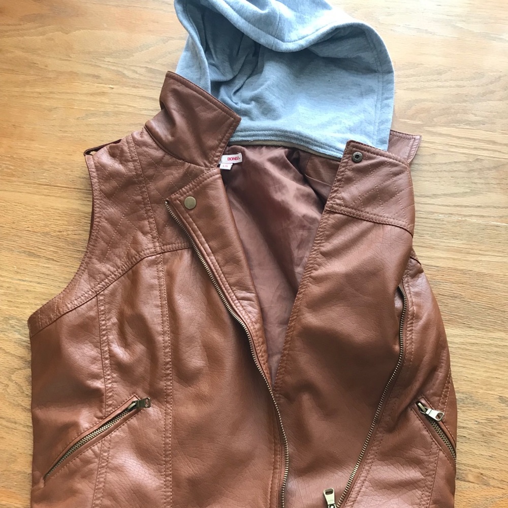 Brown leather vest with cotton sweater hood